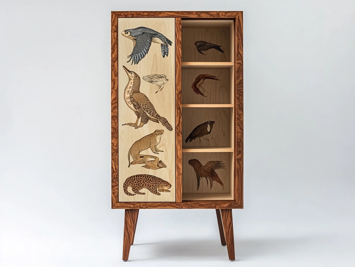 Armario decorativo de madera natural con animales tallados estilo nórdico para sala de estar 120x60x35 cm IM7503277