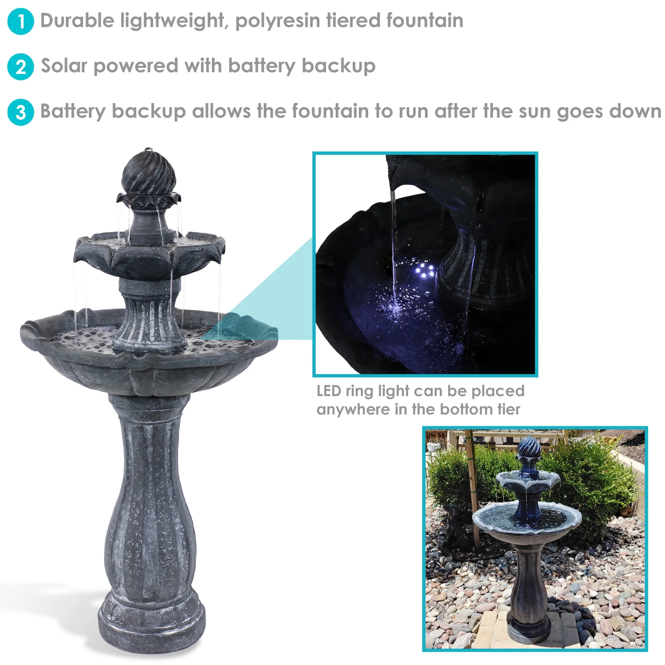 Sunnydaze 45" 2-Tier Arcade Solar Outdoor Water Fountain with LED - Earth - Image 13