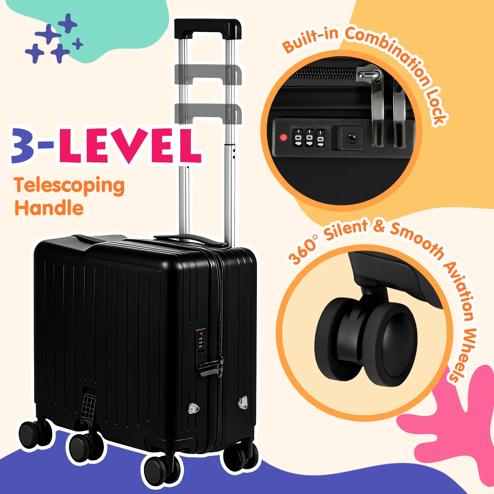 Advwin Ride-On Kids Luggage with Pull Strap, Footrests, Cup Holder, 6 Wheels & Adjustable Handle, 18-Inch Spinner Suitcase with Stickers & Boarding Pass, Pink - Image 19