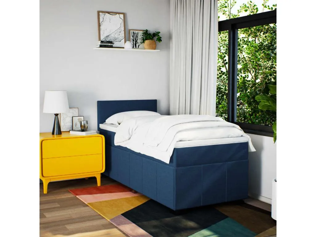 Cama box spring con colchón tela azul 100x200 cm pop3522393