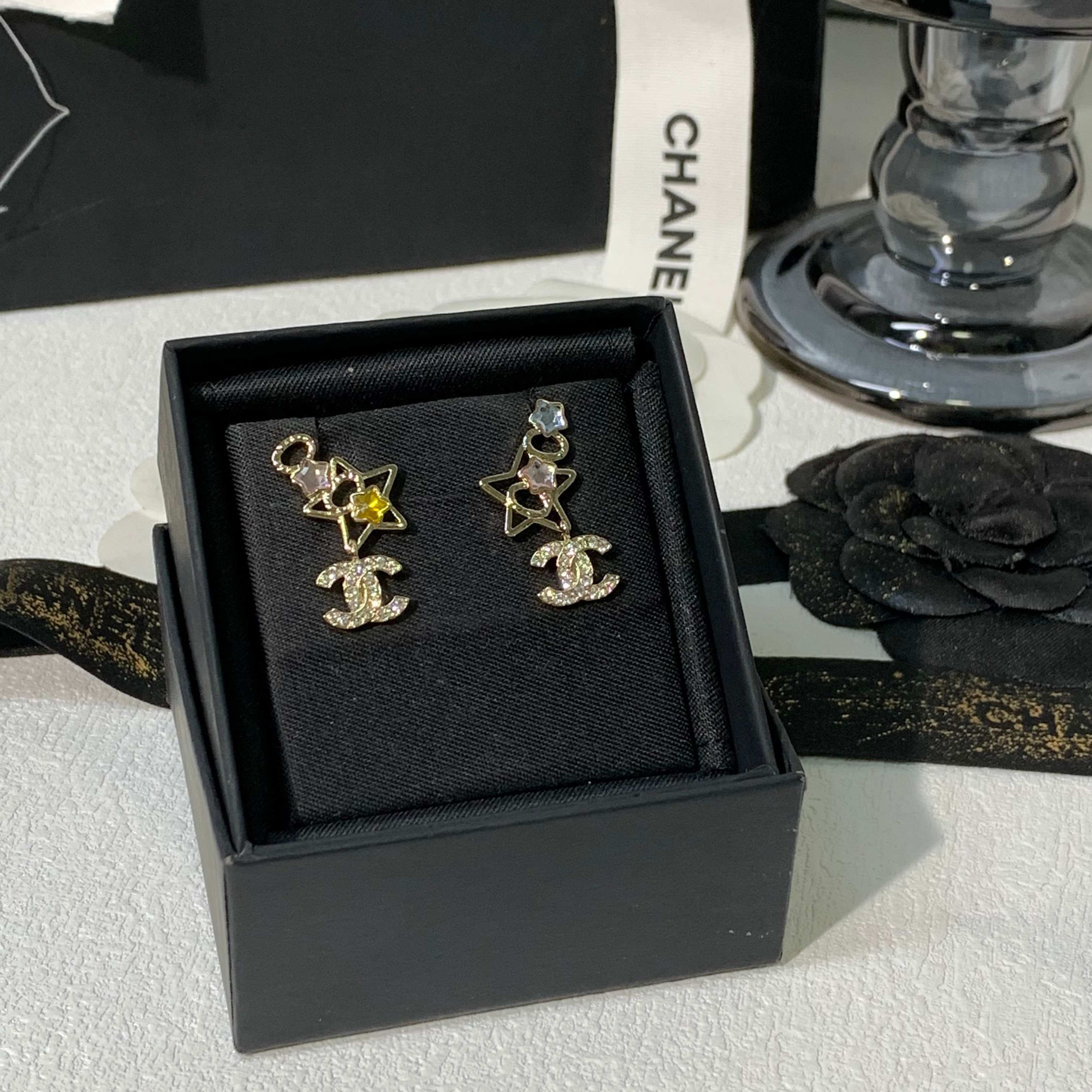 Chanel Asymmetric Color Gem Star Coco Drop Earrings - Original Replica Club