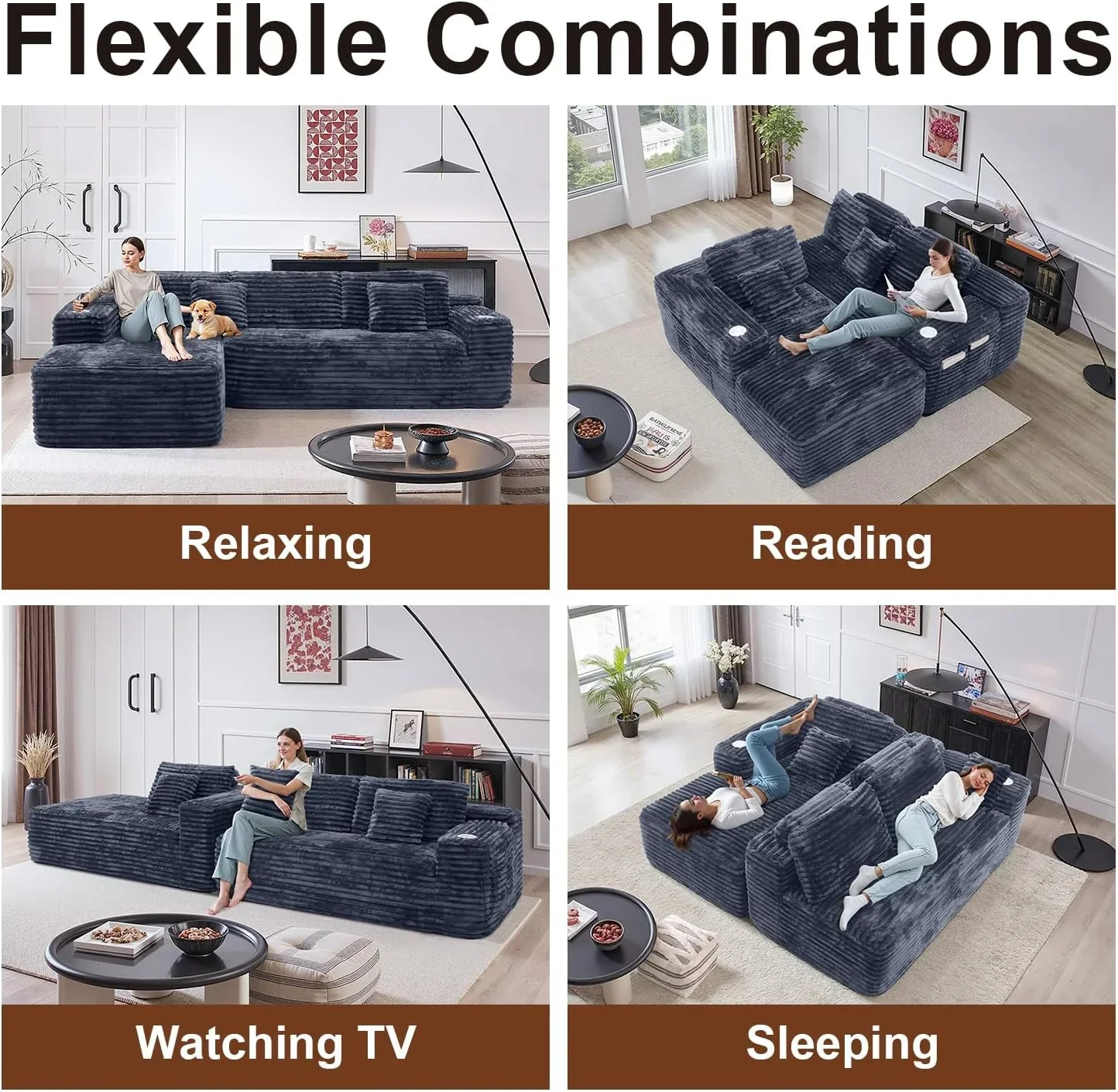 Cloud section sofa with L-shaped recliner modern modular sofa built-in cup holder