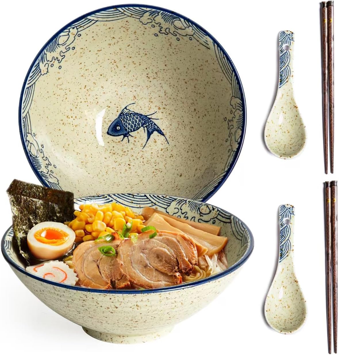 Ceramic Ramen Bowl Set of 2, 40oz Japanese Noodle Bowls with Spoons & Chopsticks Porcelain Large Soup Bowl for Pho, Udon, Retro Style Tableware Microwave & Dishwasher Safe, Fish