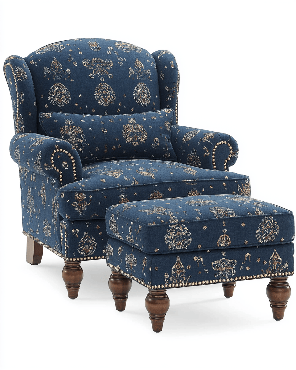 Sillón y otomana tapizados en azul con estampado clásico