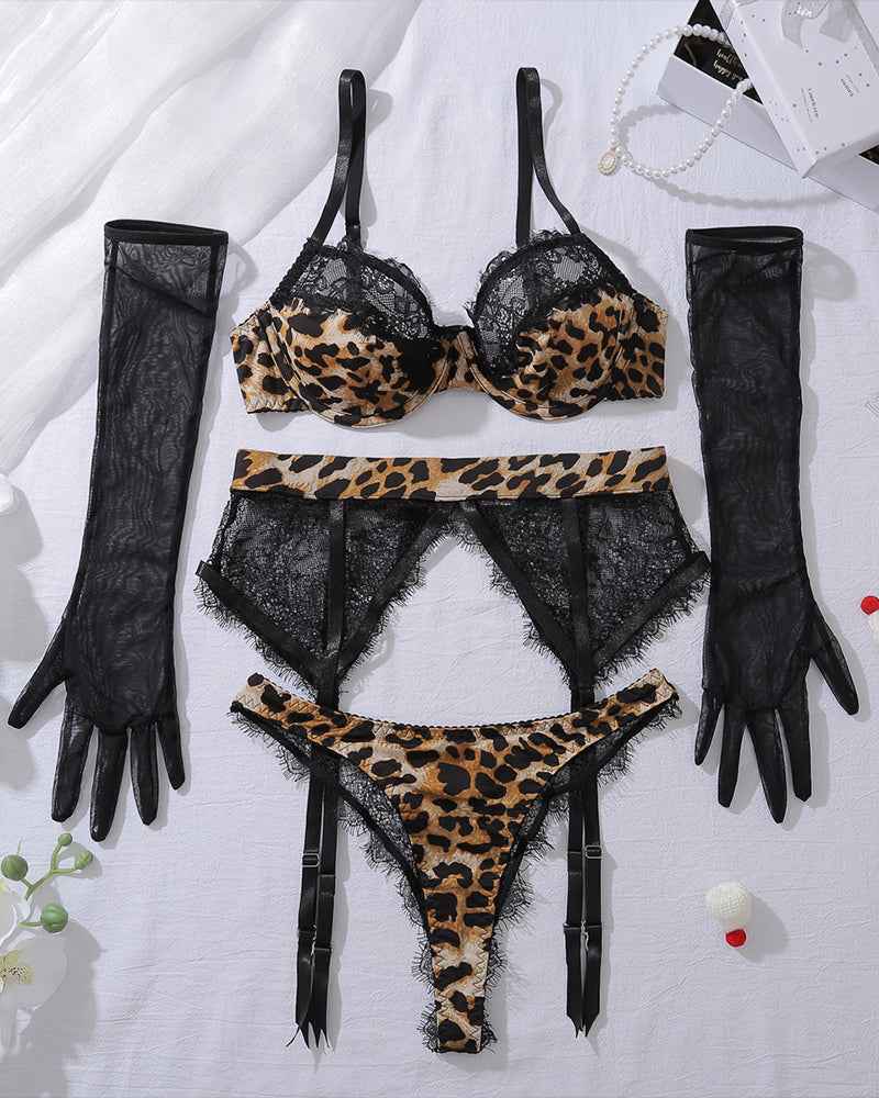 Leopard Eyelash Garter Lingerie Sets with Gloves