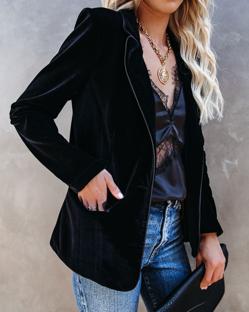 Wine Me And Dine Me Pocketed Velvet Blazer - Black - Se7enfashion