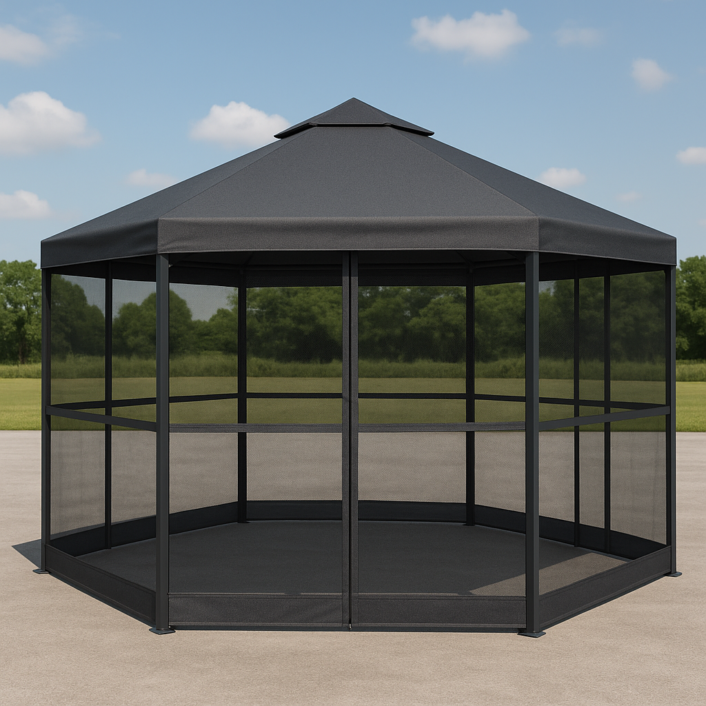 Cenador hexagonal negro de acero para jardín exterior 3x3x2,6m