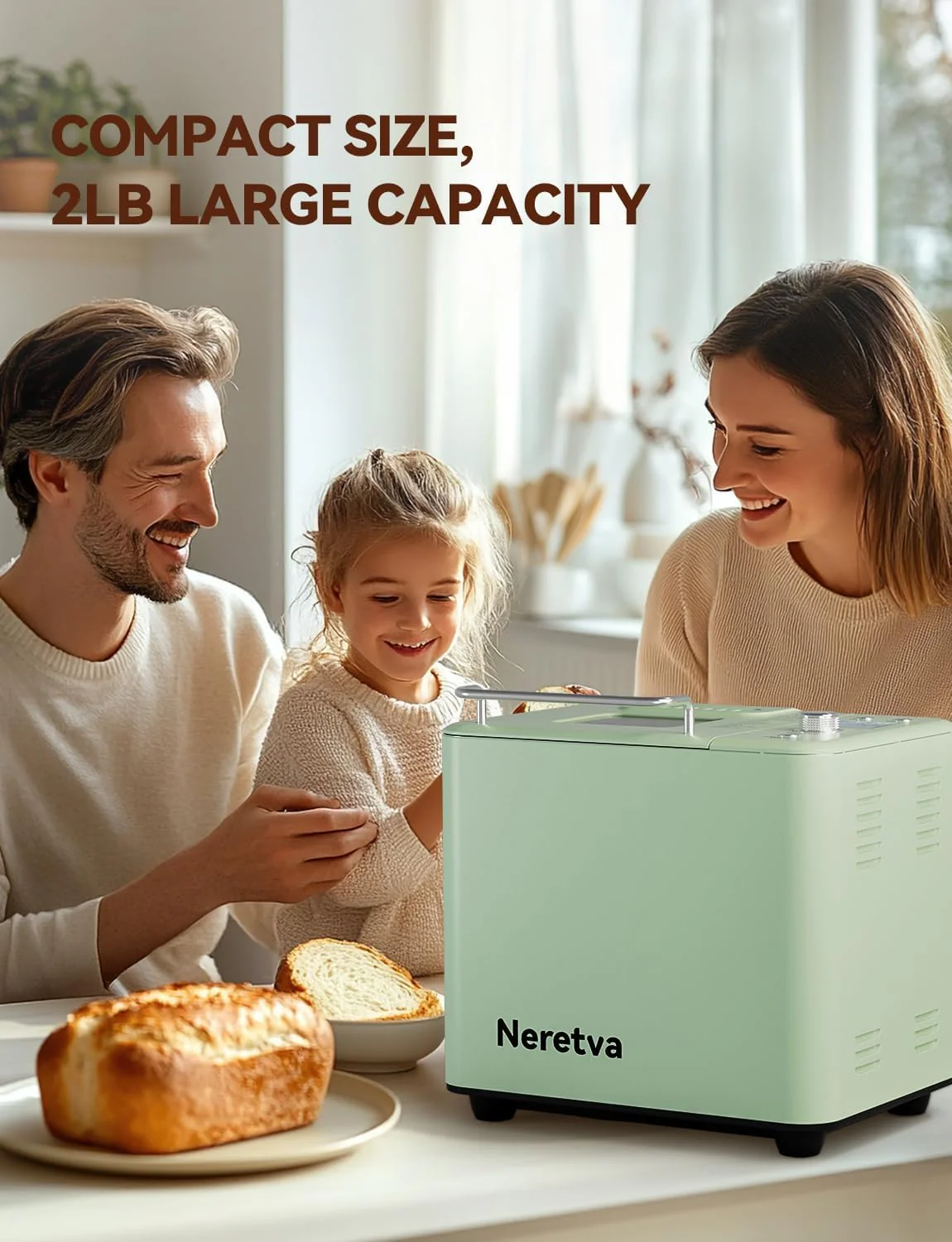 Neretva Bread Maker, 20-IN-1 2LB Bread Machine Dual Heater Bread Maker Machine Automatic with Nonstick Ceramic Pan, 15H Timer & 1H Keep Warm Set, Low Noise, Stainless Steel Breadmaker Recipe-Green