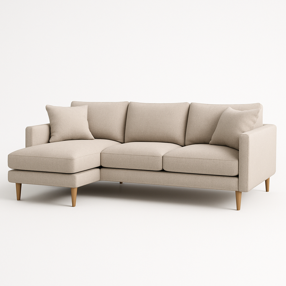 Sofá seccional espacioso y cómodo de lino beige para salón moderno