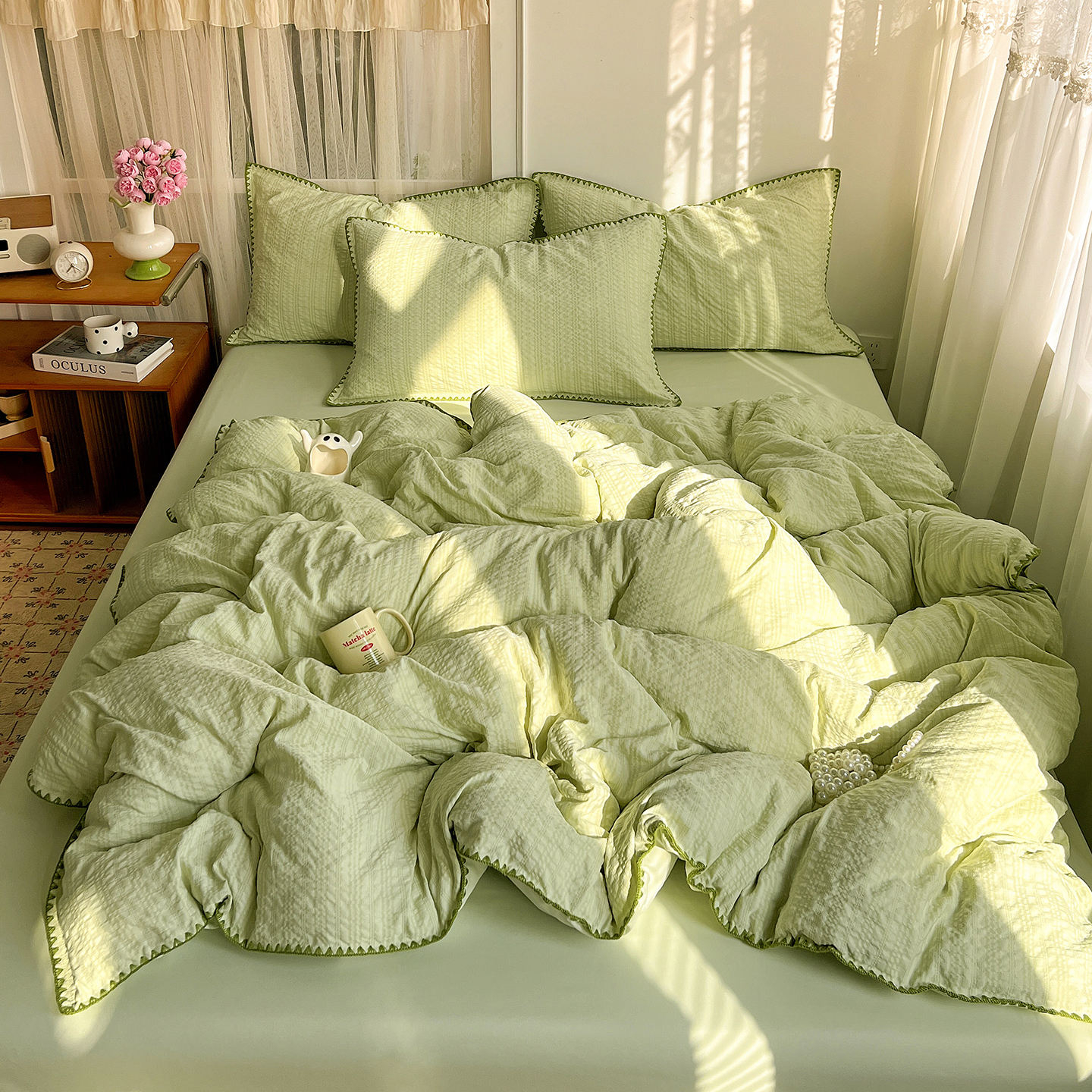 Summer Washed Cotton Bedding Set Soft Durable Breathable Embroidery Edge Bedding Set Suitable for All Home Hotel