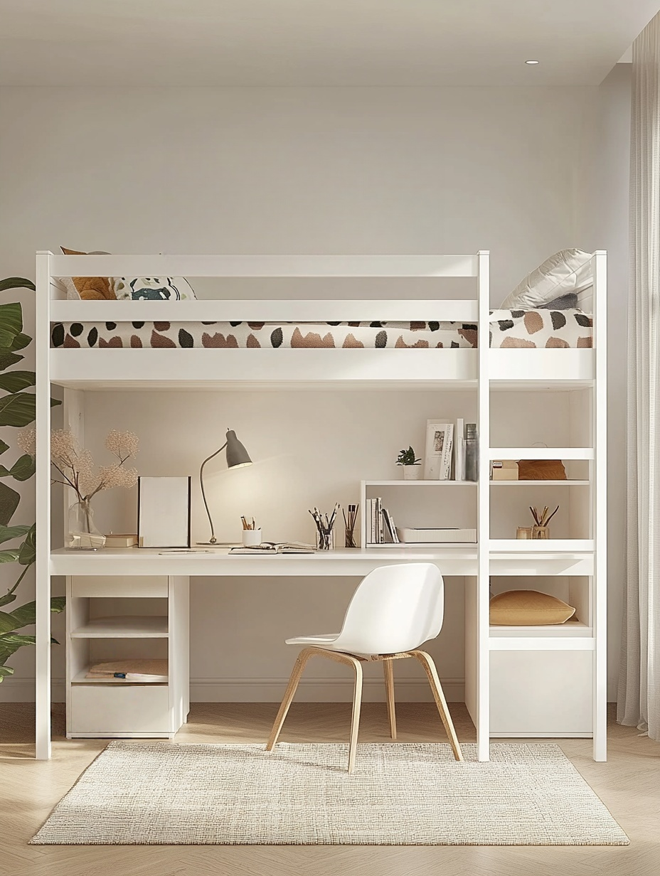 Cama alta niño con escritorio y estantería,blanca,metal,dormitorio infantil,249,5x170x147 cm