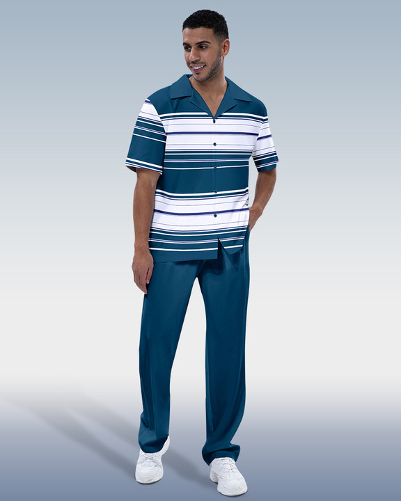 Suitmens Men's Horizontal Stripe Short Sleeve Two-Piece Suit