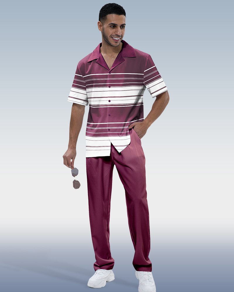 Stripe Print Short Sleeve Walking Suit