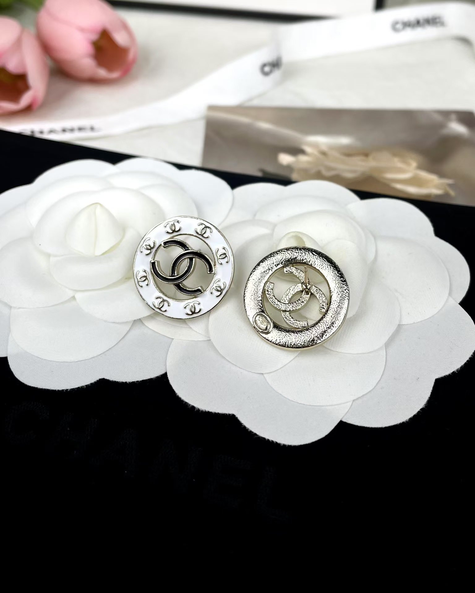 Chanel Round White and Black Enamel Stud Earrings - Original Replica Club