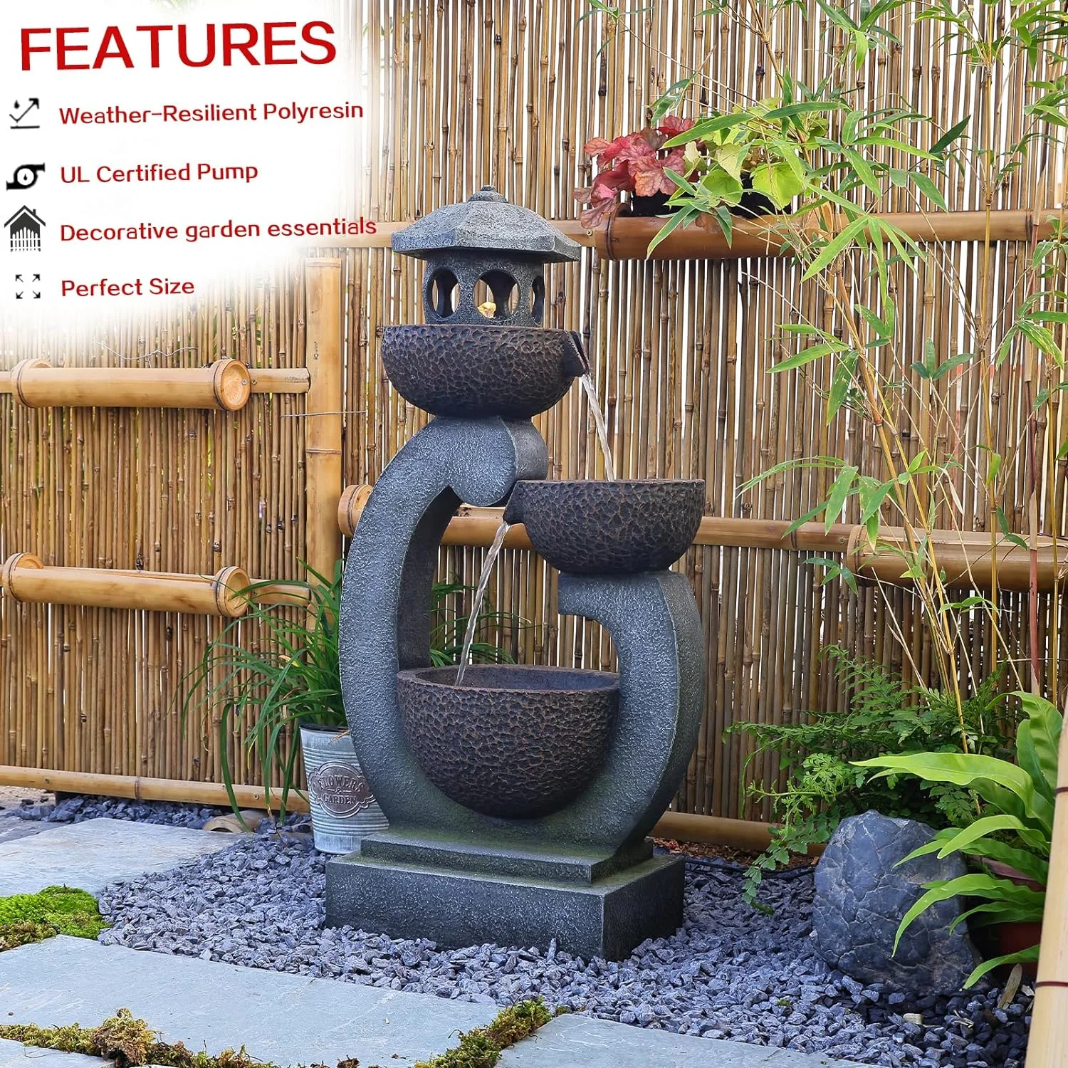 Water Fountain Tranquil Zen Pagoda Waterfalls Fountains Bowl with LED Lights for Patio Yard Porch Pool Decor - Image 3