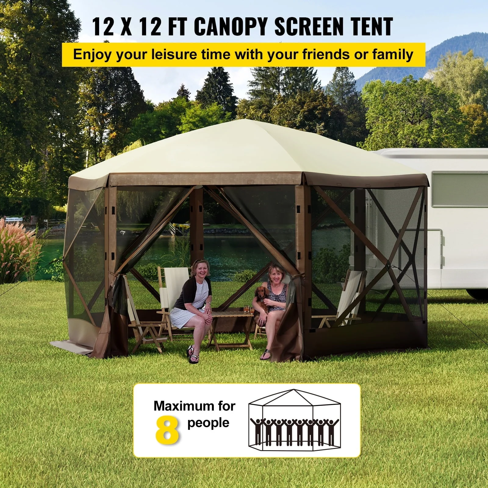 VEVORbrand Camping Gazebo Tent, 12'x12', 6 Sided Pop-up Canopy Screen Tent for 8 Person Camping, Waterproof Screen Shelter w/Portable Storage Bag, Ground Stakes, Mesh Windows, Brown & Beige - Image 2