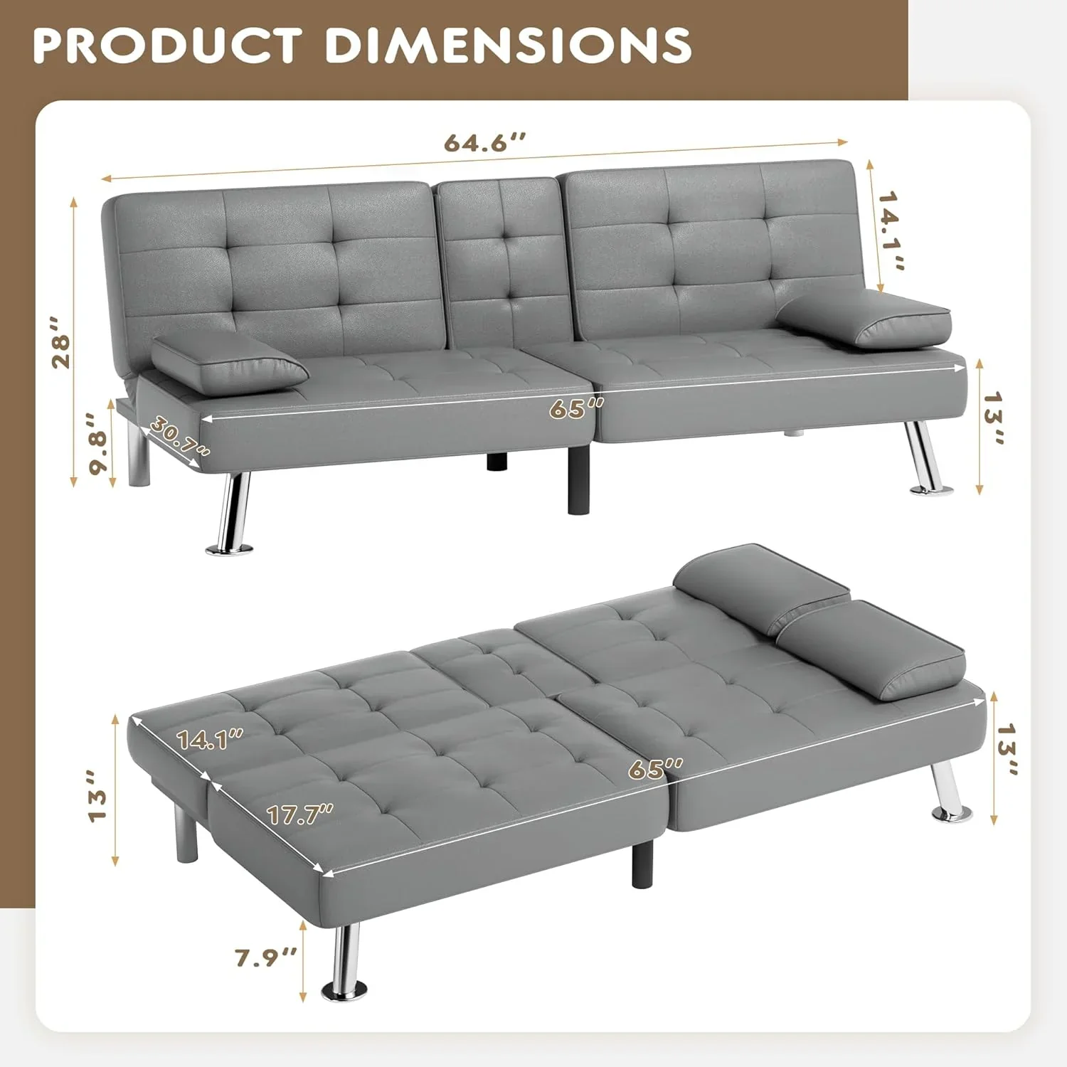 Homall Futon Sofa Bed Leather Futon Couch with Armrests Adjustable Recliner Sleeper Sofa Bed