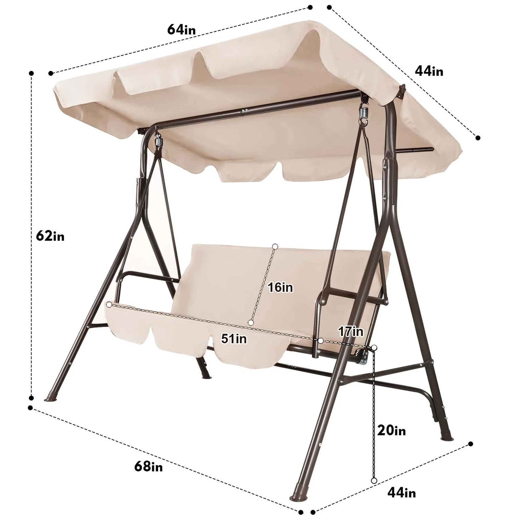 GVDV 3-Seat Steel Porch Paito Swing with Stand,Outdoor Swing Chair with Canopy,Yard swing&Outside swing,Canopy Swing-Brown - Image 12