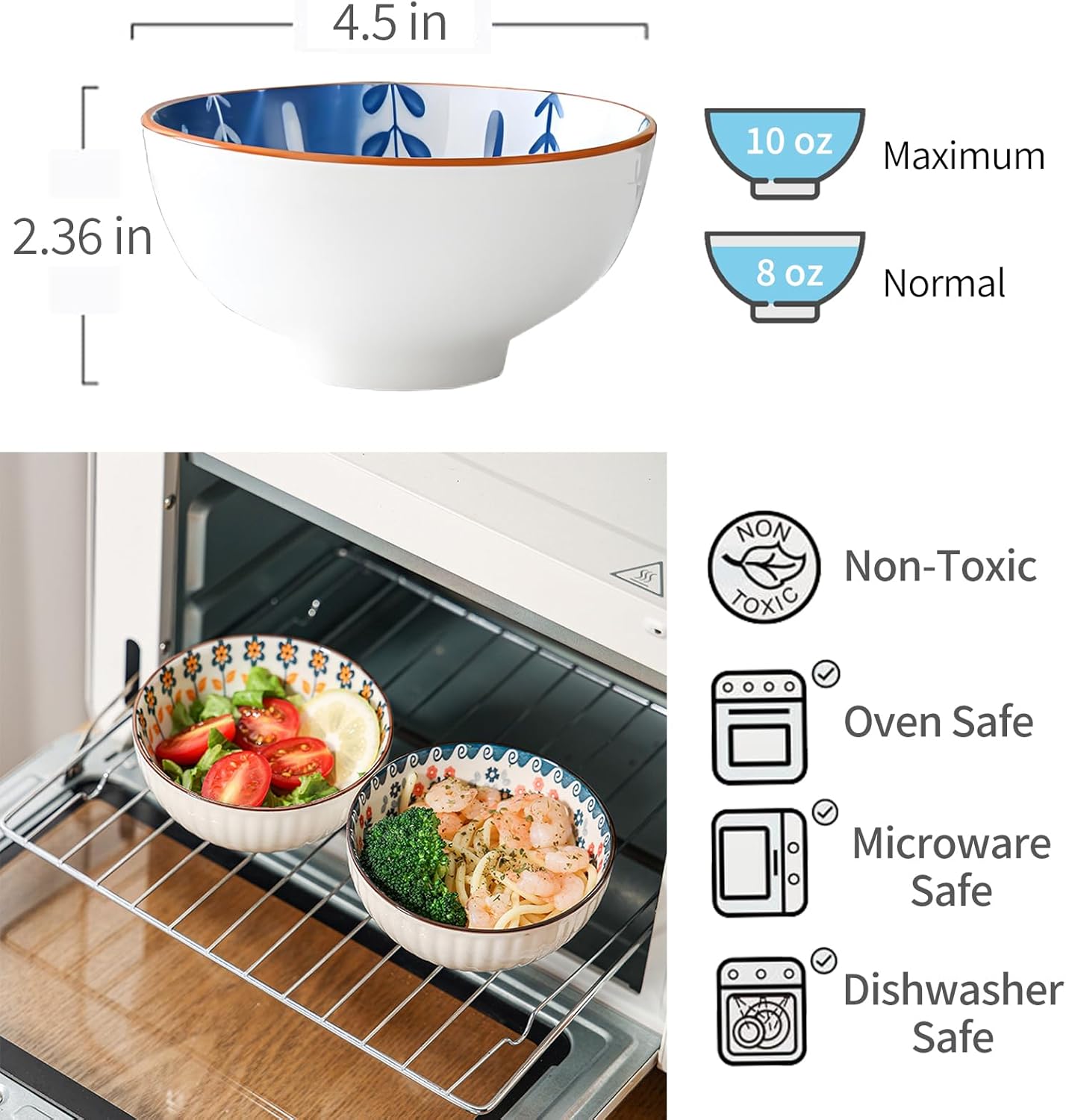 Ceramic Plates and Bowls Set, Japanese Style Dinnerware Set with Gift Box - Blue and White - 4 Rice Bowls and 2 Pasta Bowls - Kitchen Gifts for Women