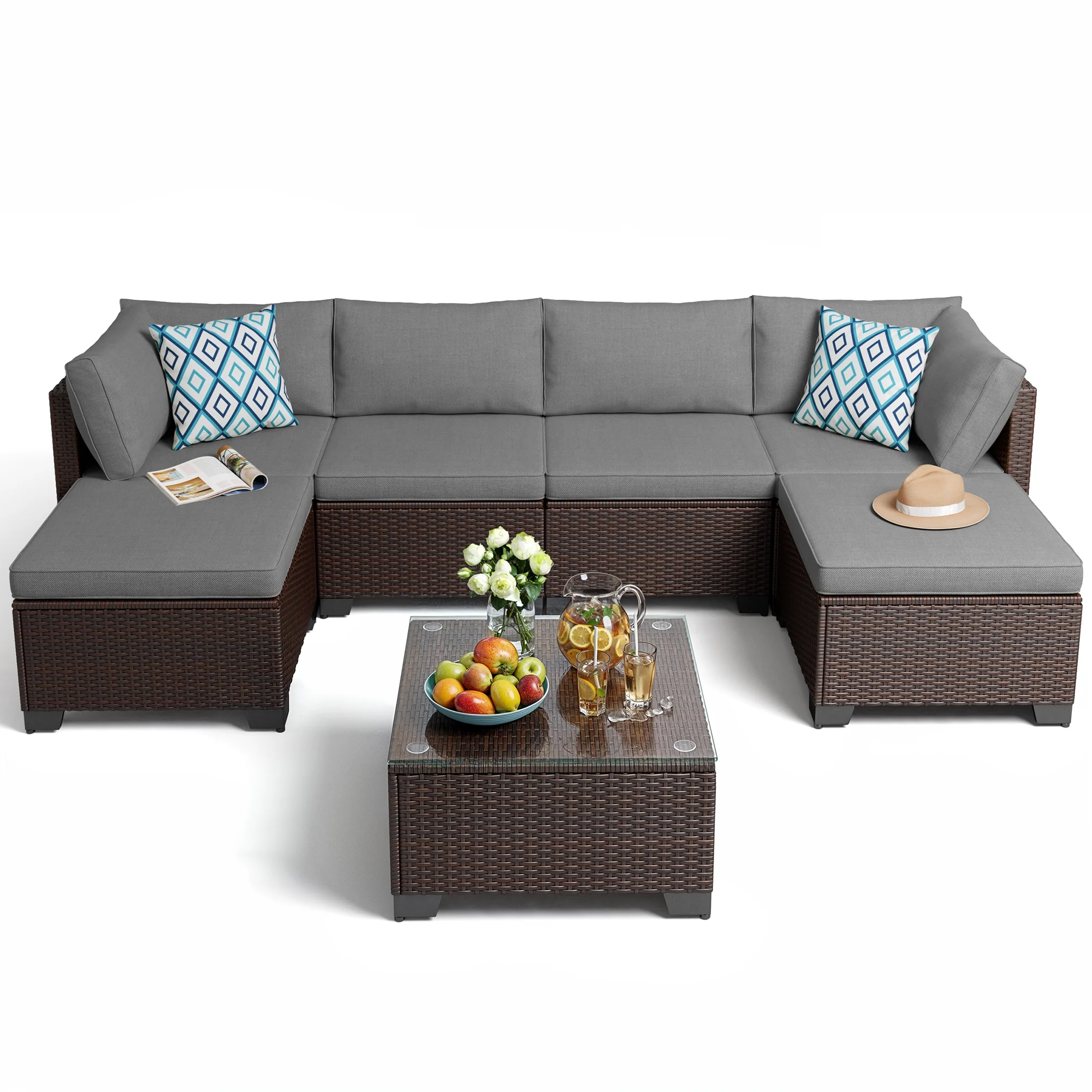 Aiho 7-Piece Rattan Patio Furniture Set , Outdoor Sectional Furniture Set for Patio, Garden, Backyard, Grey - Image 36