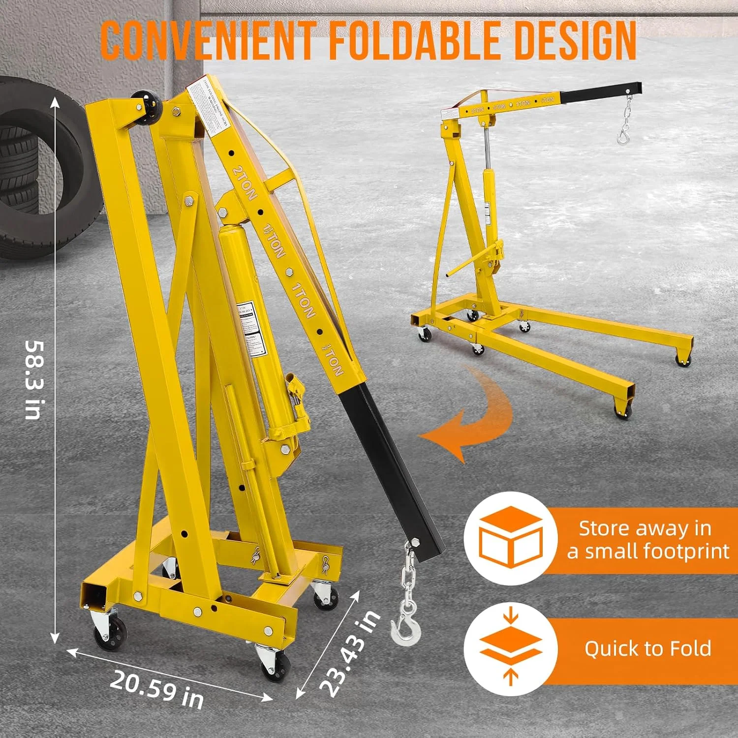 JoanKaren 2 Ton Folding Hydraulic Engine Hoist,Heavy-Duty Engine Shop Crane Hoist Lift,Heavy Cherry Picker with 6 Wheels,Yellow - Image 4
