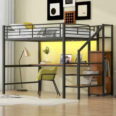 Complete Loft Bed Set with Desk, Storage Staircase, Compact Wardrobe, and LED Lighting