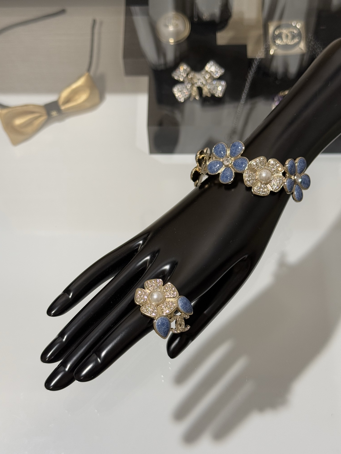 Chanel 26C Blue Denim Flower Diamond Paved Cuff Bangle Bracelet - Original Replica Club