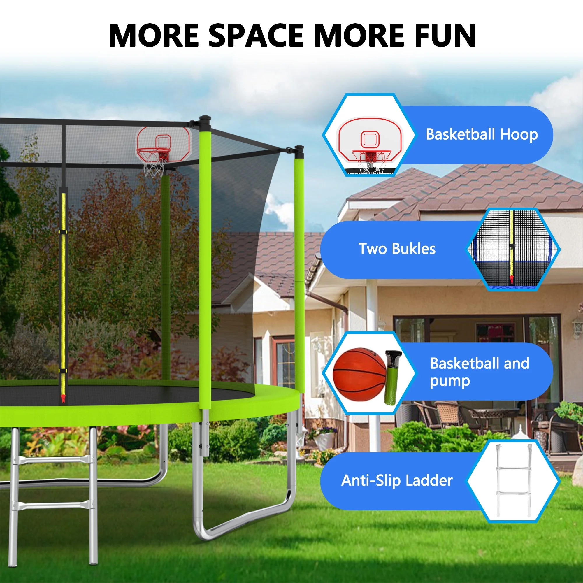 8FT Trampoline for Kids,Outdoor Trampoline with Basketball Hoop,Heavy-Duty Trampoline with Safety Enclosure Net,Blue - Image 16