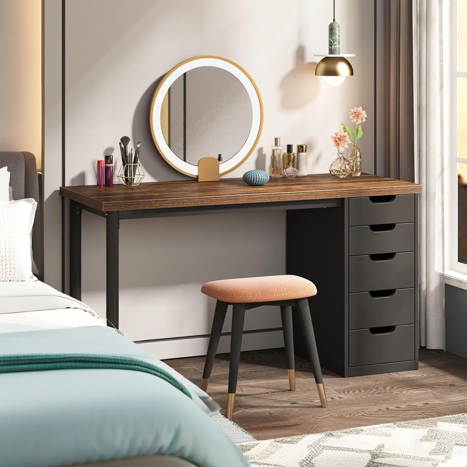Tribesigns 47 inches Vanity Desk with 5 Drawers, Rustic Makeup Dressing Table with Storage, Modern Simple Computer Desk for Women, Girls (Brown) - Image 17