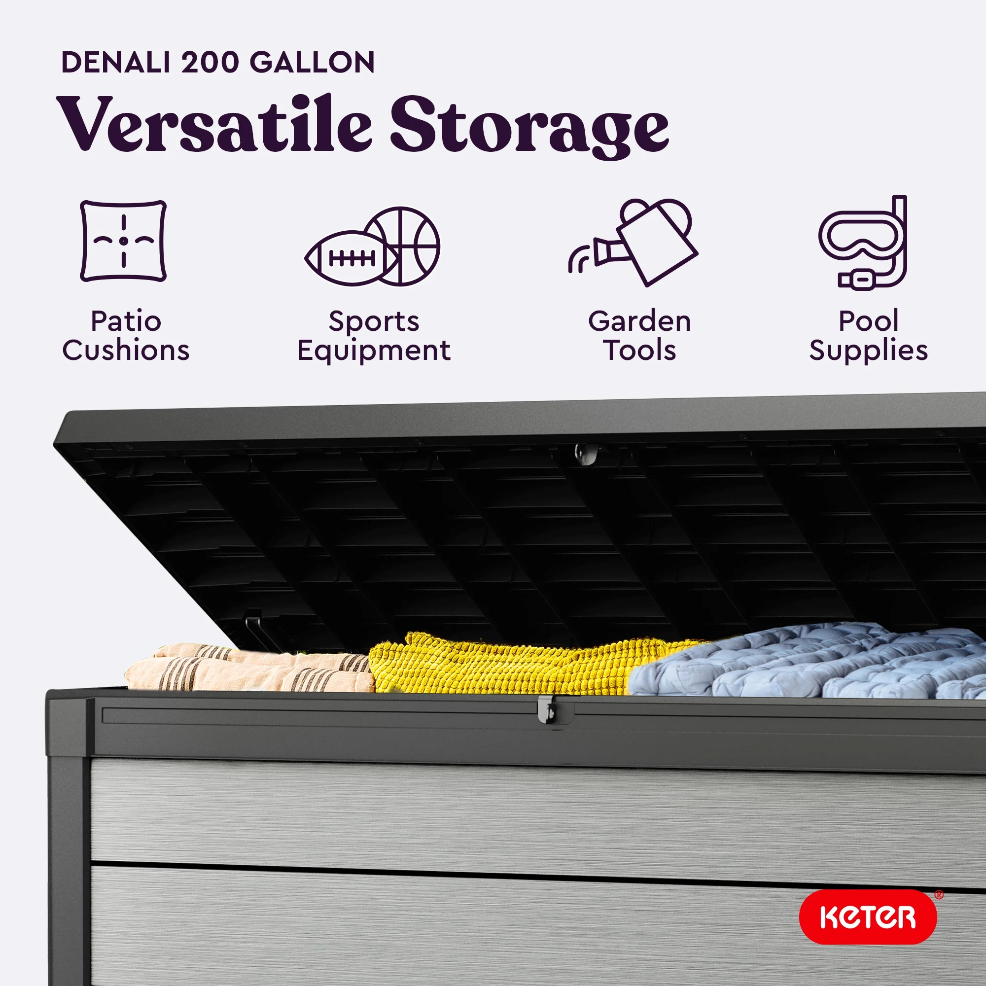Keter Denali Grey 200 Gallon Durable Resin Outdoor Storage Deck Box Ideal Store Garden Tools and Pool Toys, Grey - Image 7
