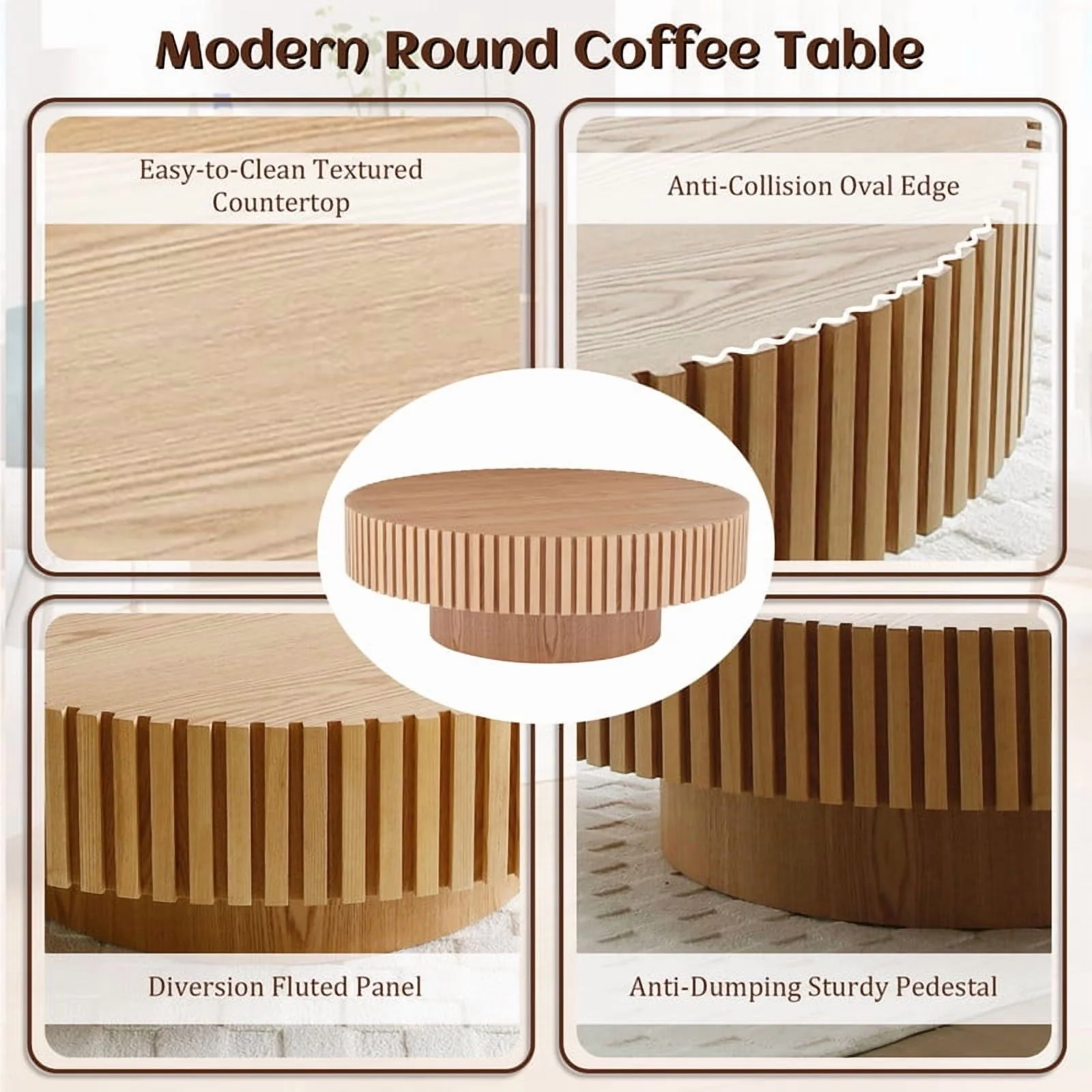 FFH 43.7 inch Oval Coffee Table for Living Room,Handcraft Rustic Corner Coffee Table Nature Wood Relief Sturdy Pedestal for Apartmen,Side Table Centre Table,Nature Wood - Image 39