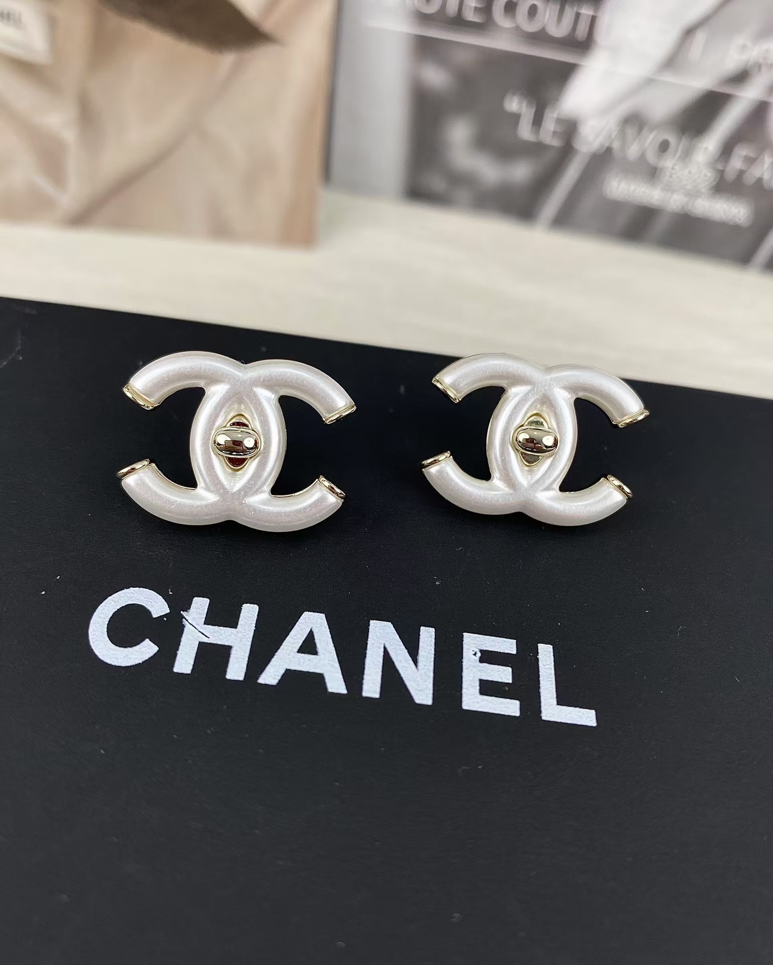 Chanel White Double C Stud Earrings - Original Replica Club