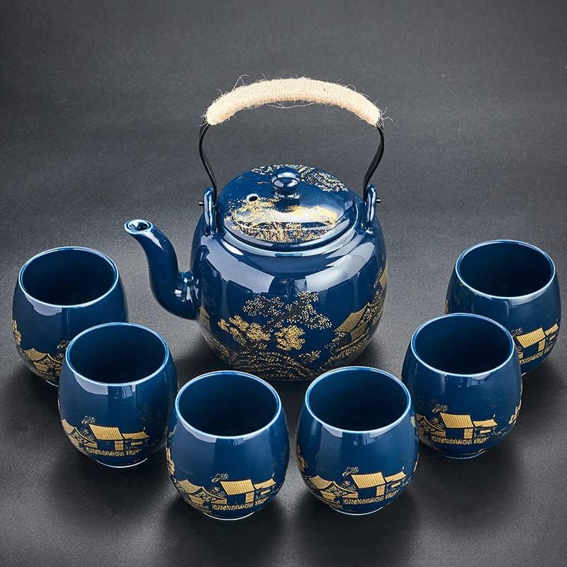 Gift Set Japanese Tea Set, Asian Black Glazed Ceramic Tea Set - Contains 1 Teapot, 1 Tea Strainer and 6 Teacups. Ideal for Home, Outdoor, Office (Black2)