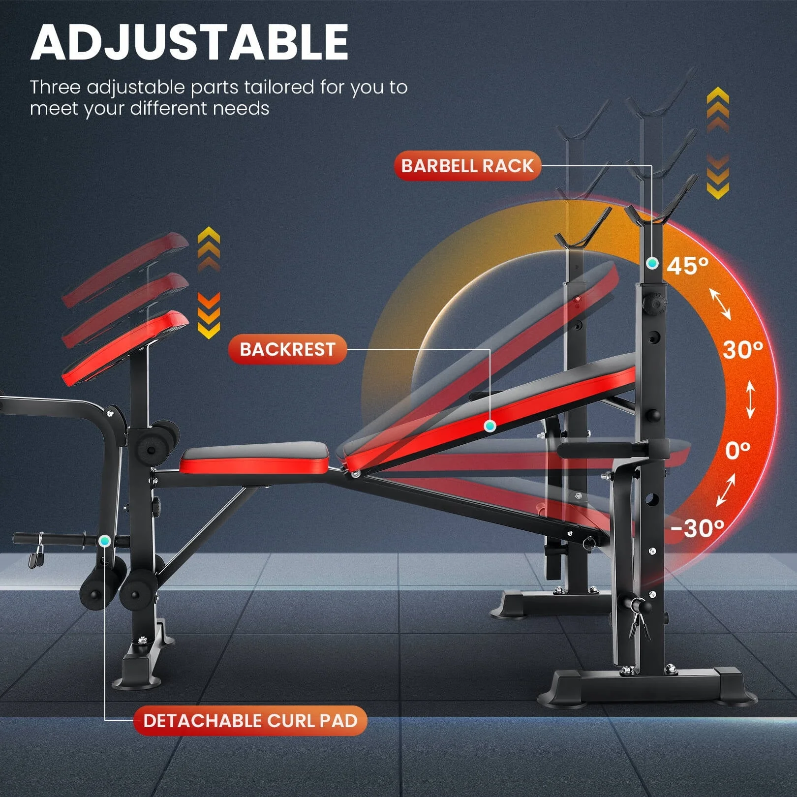 VIBESPARK Adjustable Weight Bench 600lbs 5-in-1 Foldable Workout Bench Set with Barbell Rack Leg Developer Preacher Curl Rack Dumbbell Fly Attachment, Multi-Function Strength Training Bench Press - Image 4