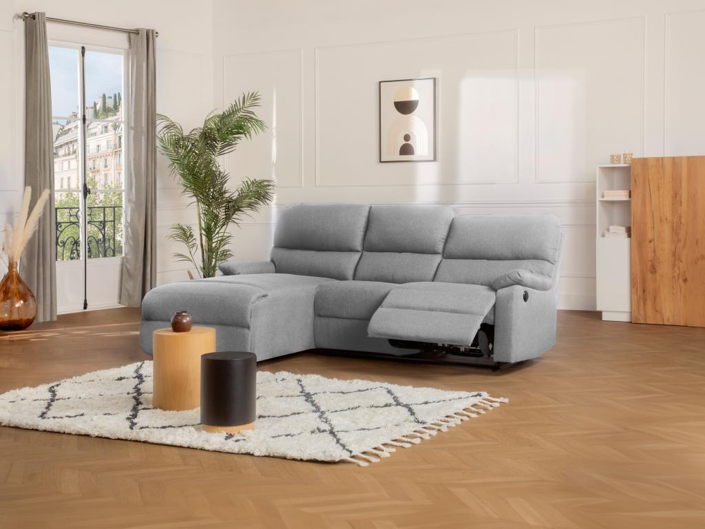Sofá rinconero àngulo izquierdo relax eléctrico de tela gris claro LUNANO