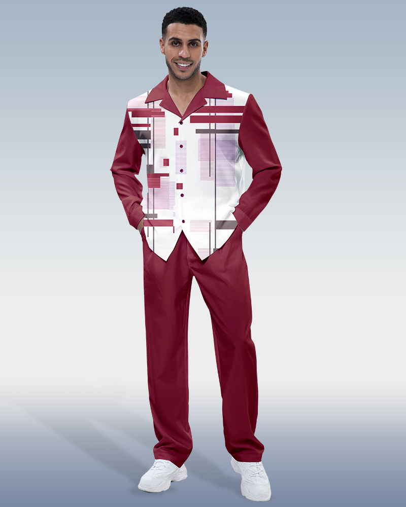 Suitmens Burgundy Geometric Print Walking Suit 2 Piece LongSleeve Set