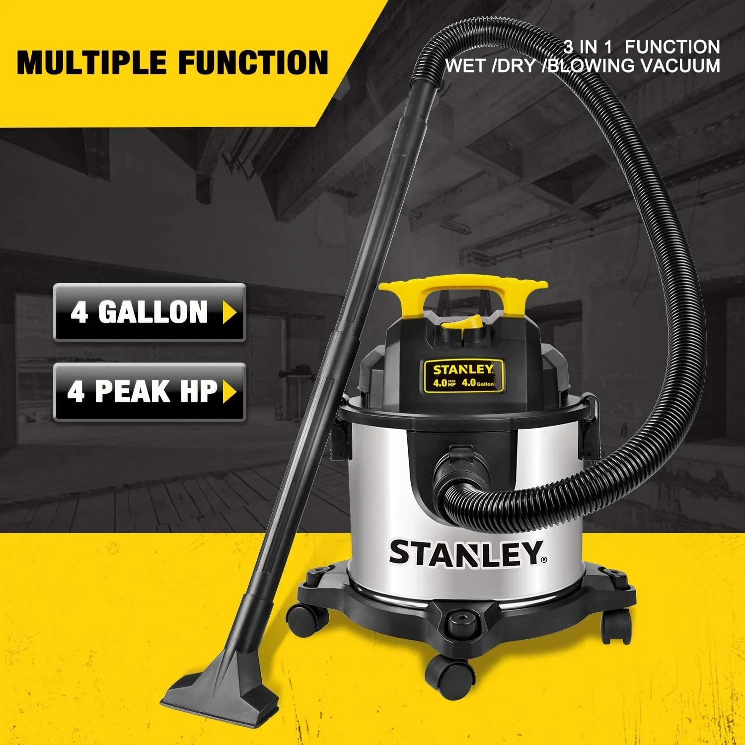 4 Gallon Wet Dry Vacuum, 4 Peak HP Stainless Steel 3 in 1 Shop Vacuum Blower with Powerful Suction, Vacuum for Job Site, Garage, Basement, Workshop