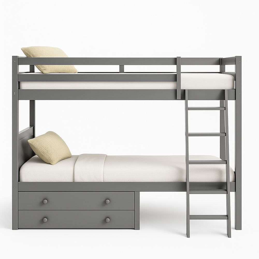 Cama literas moderna de diseño compacto con escalera y cajones de almacenamiento, color gris, estructura de madera