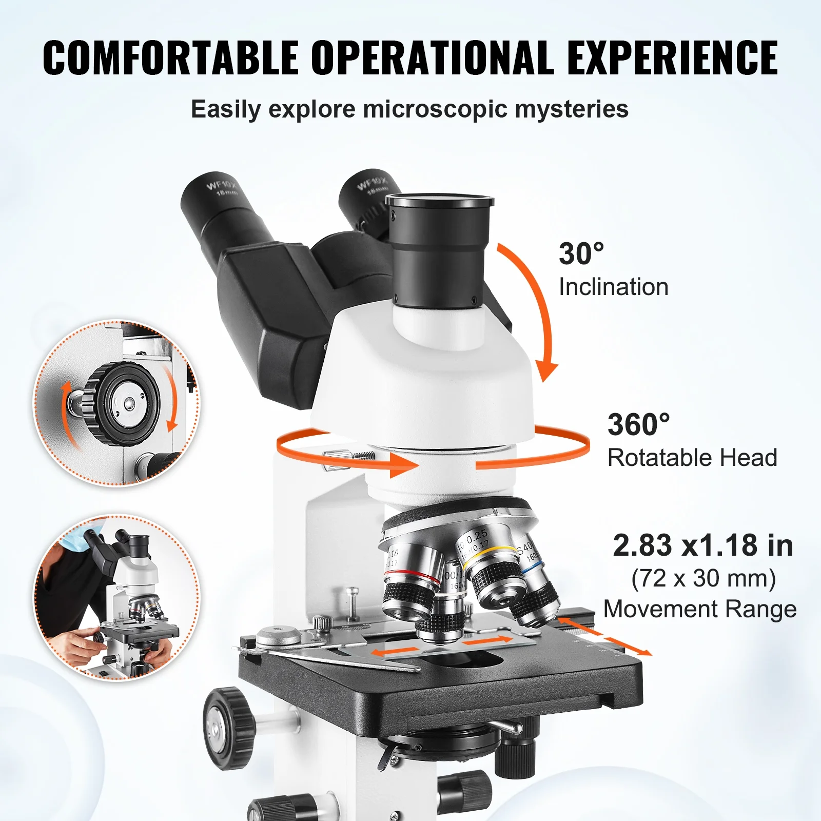 VEVOR Compound Trinocular Microscope, 40X-5000X Magnification Trinocular Compound Lab Microscope with Two-Layer Mechanical Stage, External Interface, LED Illumination and Microscope Slides Included - Image 4
