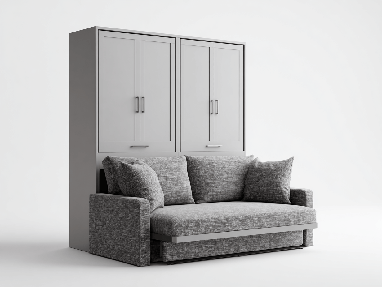Sofá cama abatible con armario – tapizado en tela gris oscuro – con cojines decorativos y almacenaje superior