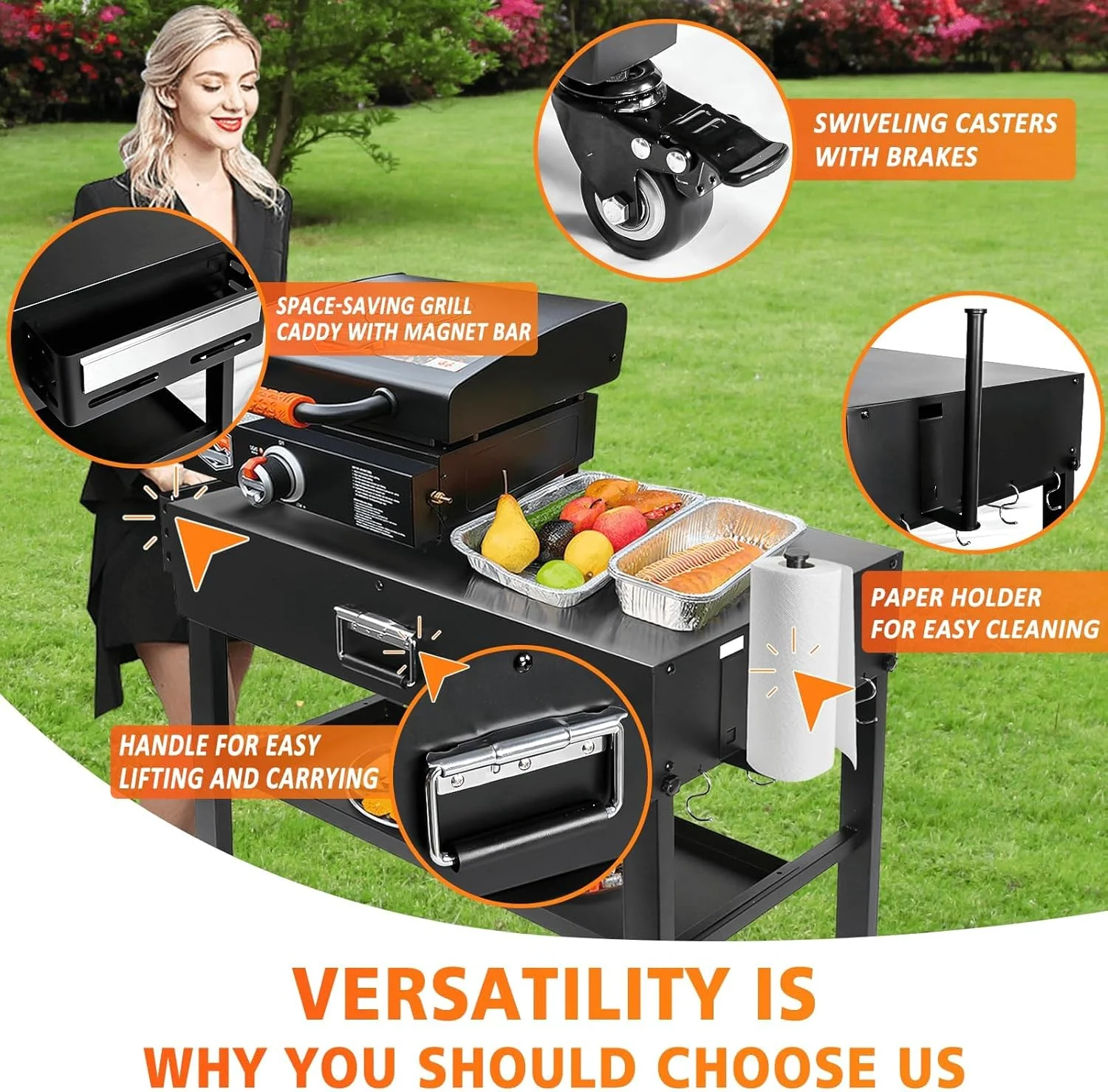Foldable Grill Table Cart for Ninja Woodfire OG700, Blackstone Portable Griddle, Weber, Ooni Pizza Oven -C Portable Outdoor BBQ Prep Stand with Caddy, Ideal for Camping and Tailgating - Image 4