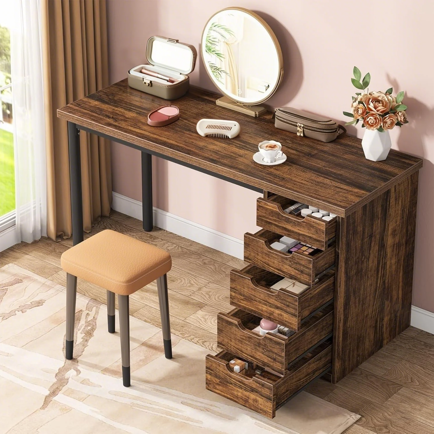 Tribesigns 47 inches Vanity Desk with 5 Drawers, Rustic Makeup Dressing Table with Storage, Modern Simple Computer Desk for Women, Girls (Brown) - Image 21