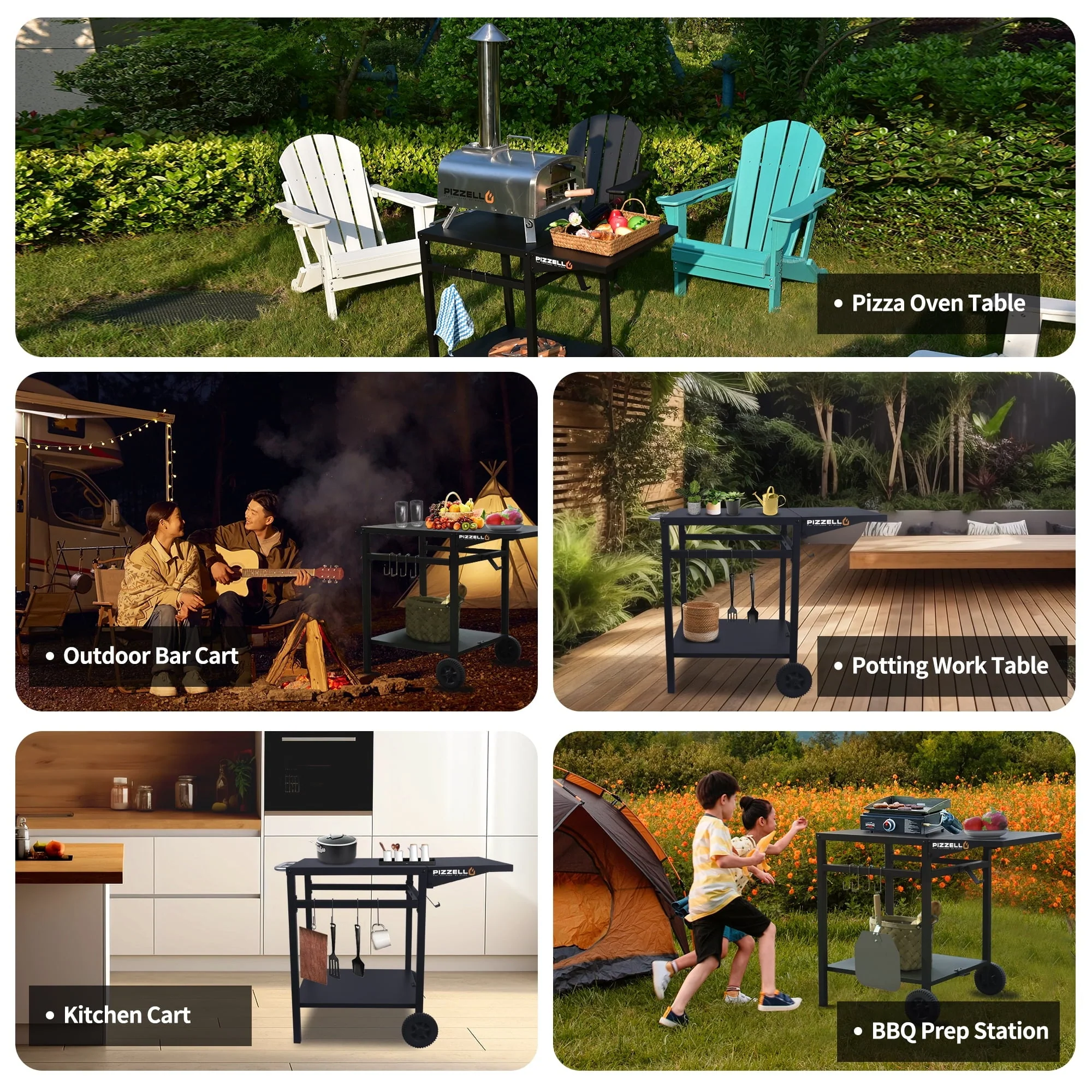 Pizzello Outdoor Grill Pizza Oven Food Prep Bbq Cart Stand Table with Storage Wheels Expandable Countertop, Black - Image 2