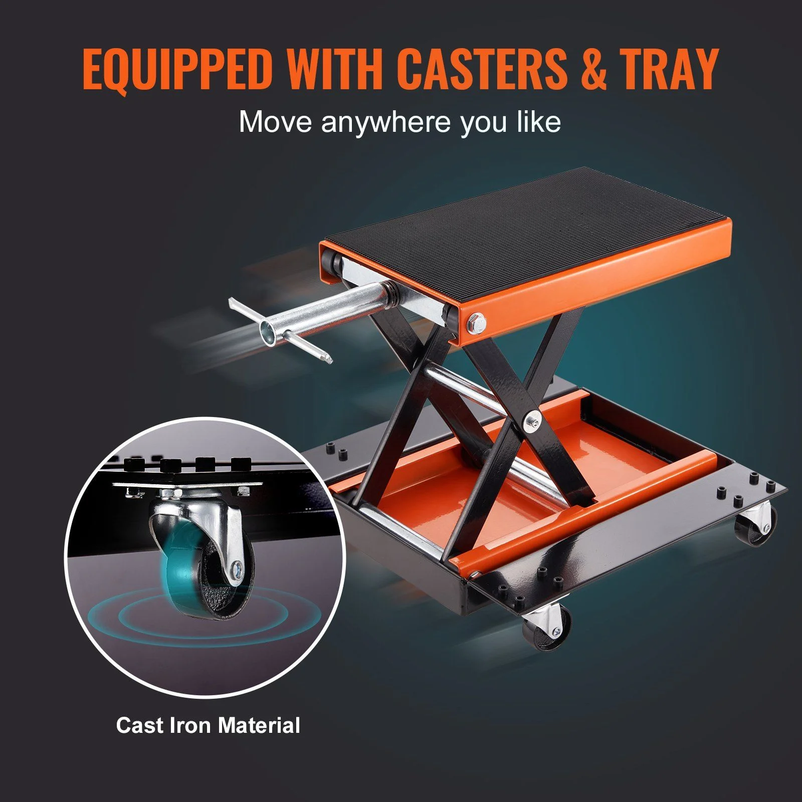 HCY Motorcycle Lift, 1100 LBS Motorcycle Lift ATV Scissor Lift Jack with Dolly & Hand Crank, Center Hoist Crank Stand with Wide Deck & Tool Tray for Street Bikes, Cruiser Bikes, Touring Motorcycles - Image 3