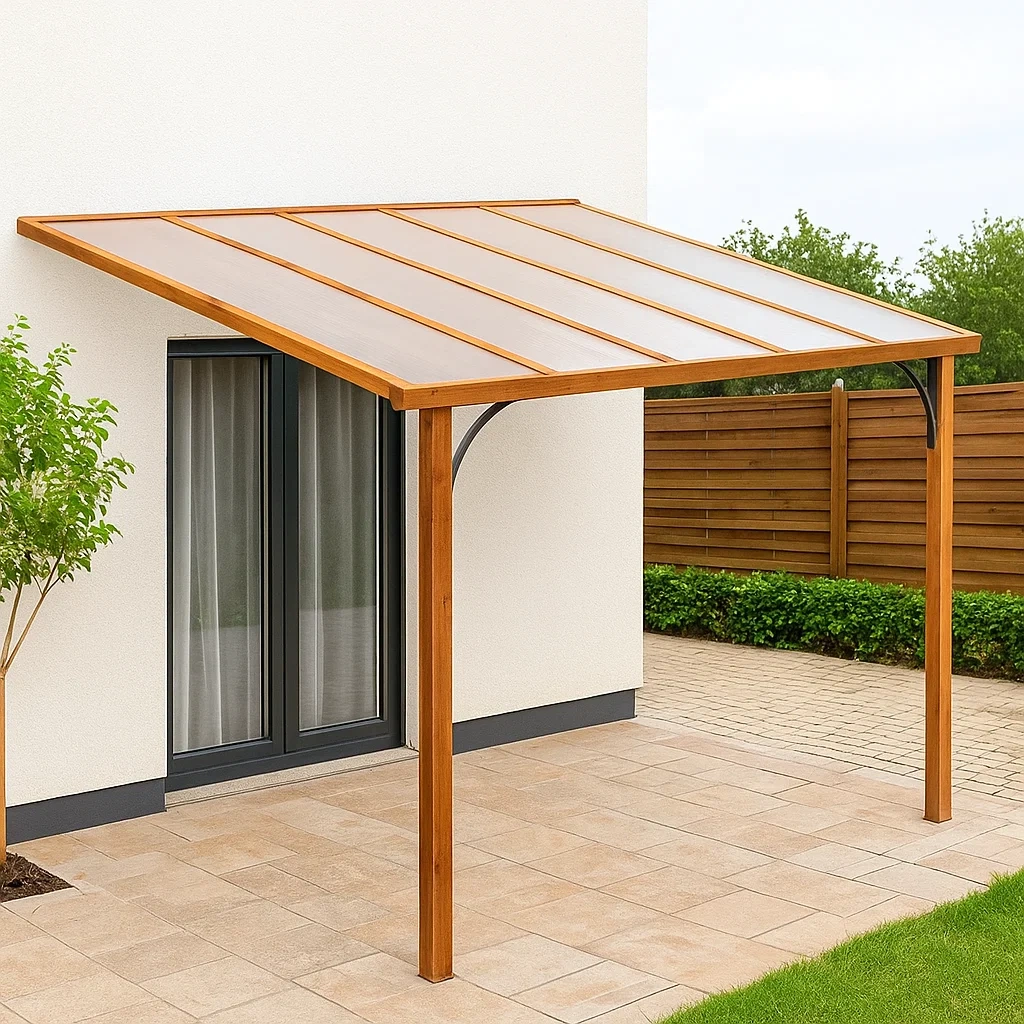 Pérgola de jardín de madera,con techo de policarbonato,300x250x280 cm,estructura marrón. - UV5AtDkwEKis