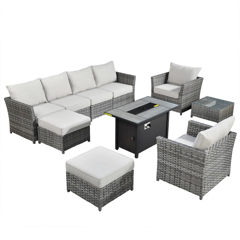 Set de Sofá Modular de Patio Eufaula Gray de 10 Piezas en Wicker Moderno con Fuego Central de Acero y Cojines Beige by1391172