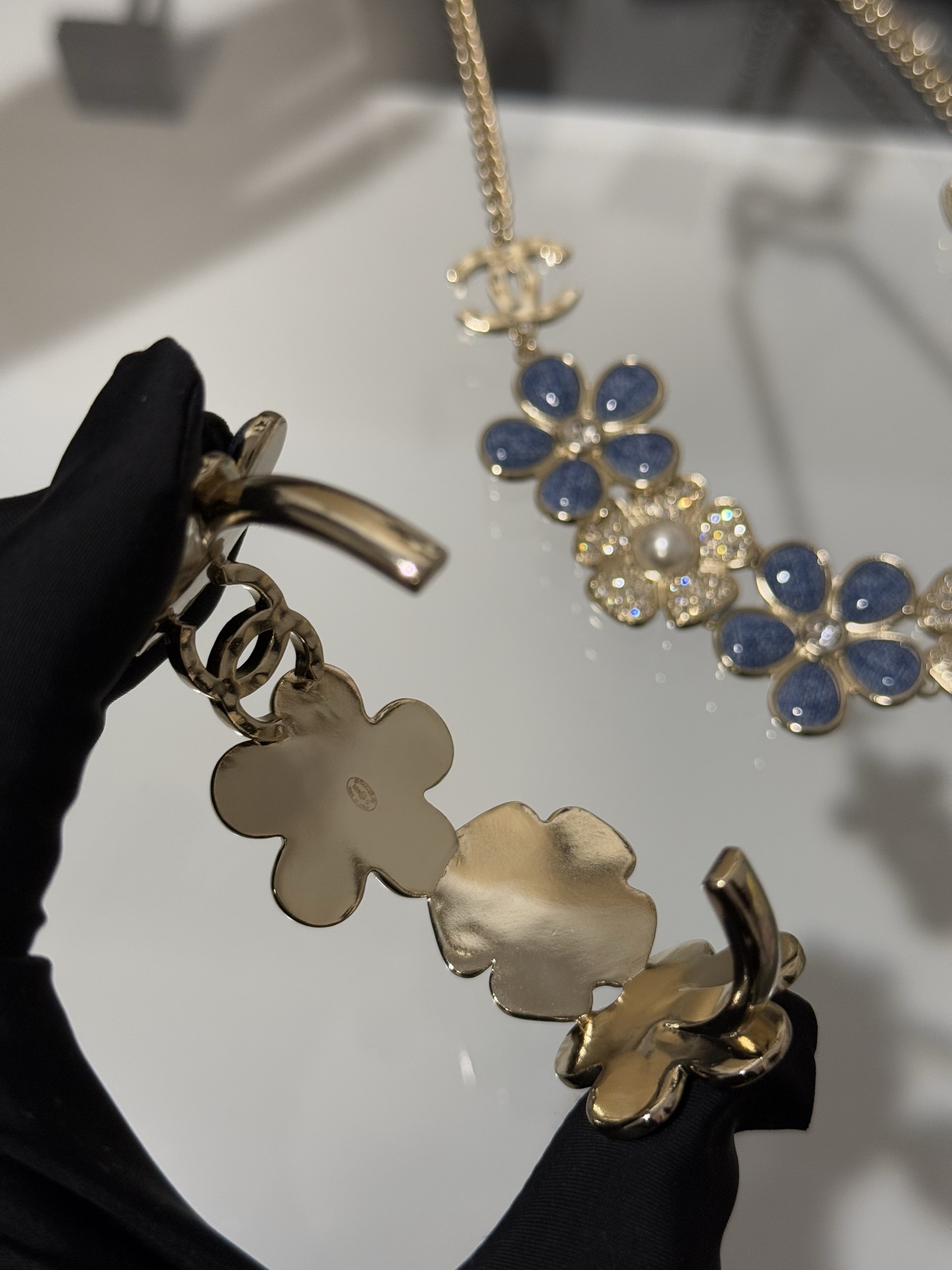 Chanel 26C Blue Denim Flower Diamond Paved Cuff Bangle Bracelet - Original Replica Club