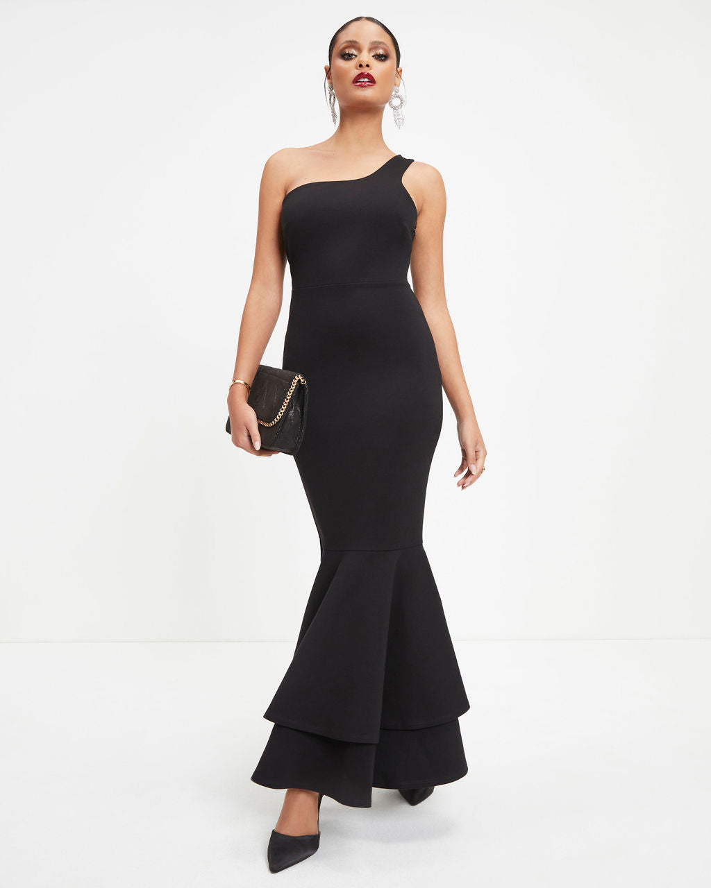 Ariella One Shoulder Tiered Trumpet Maxi Dress - Black - Se7enfashion