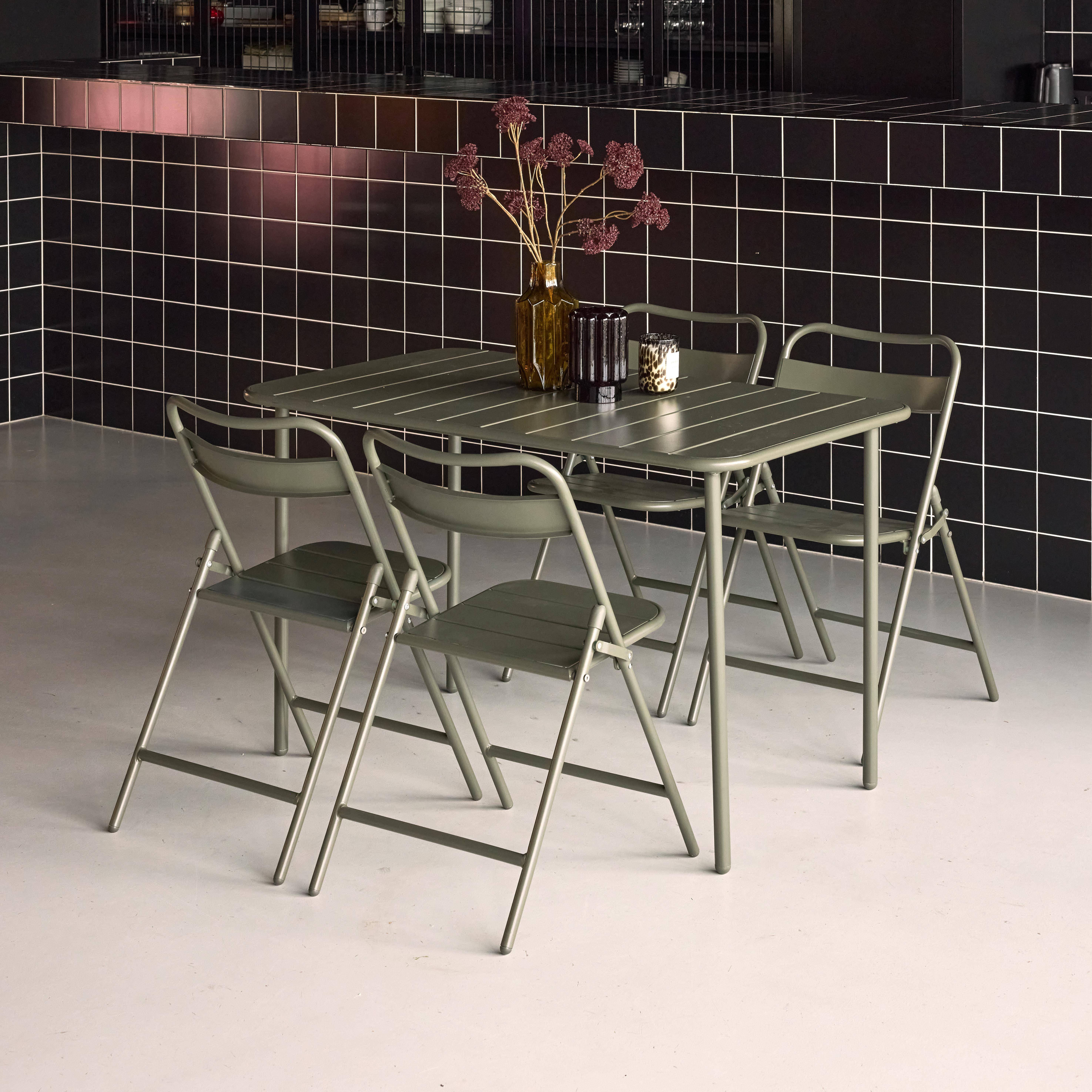 Amelia - Set mesa de jardín bistró de acero con 4 sillas plegables, 120cm