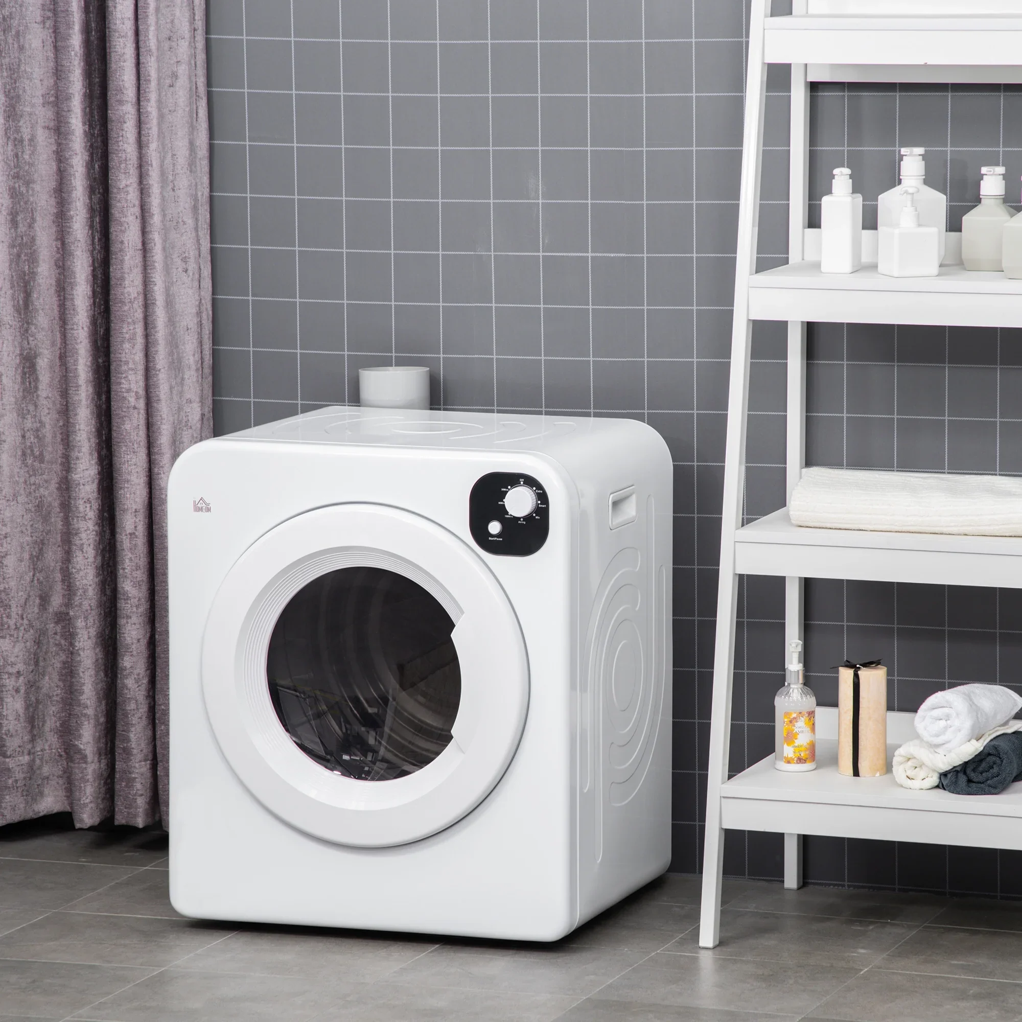 HOMCOM 1300W Compact Laundry Dryer with 3.2 cuft Stainless Steel Drum White